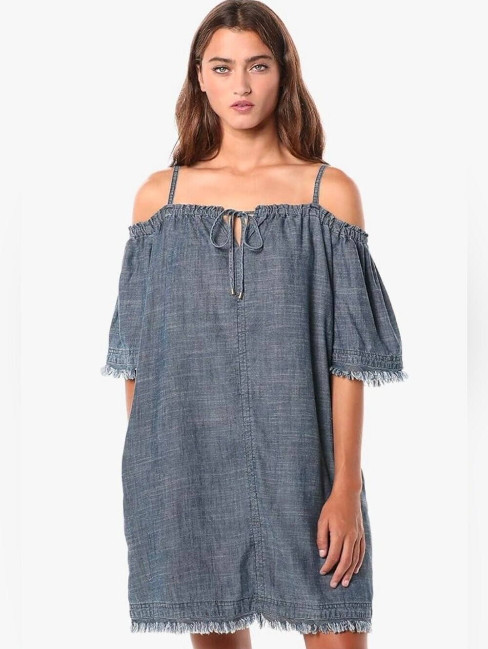 ❤️ TRINA TURK CHILL CROSSHATCH CHAMBRAY SHIFT DRESS WITH POCKETS, FRINGE TRIM XS